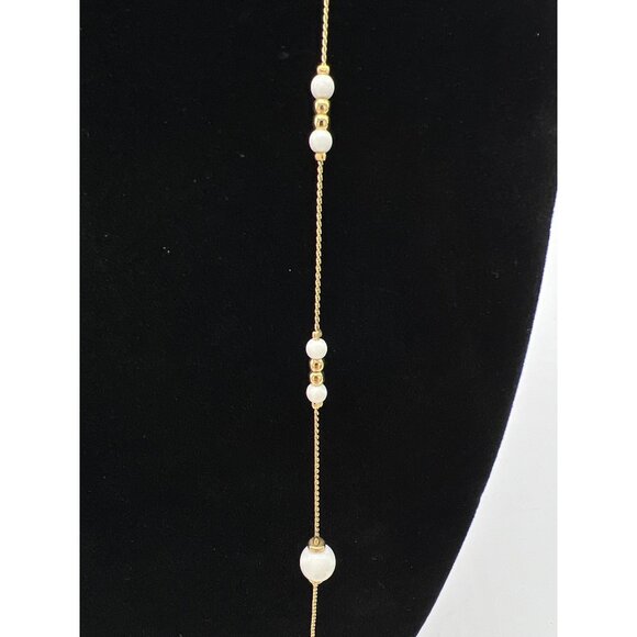 Elegant Long Gold & Faux Pearl Station Necklace With Designer Clasp - Picture 5 of 5